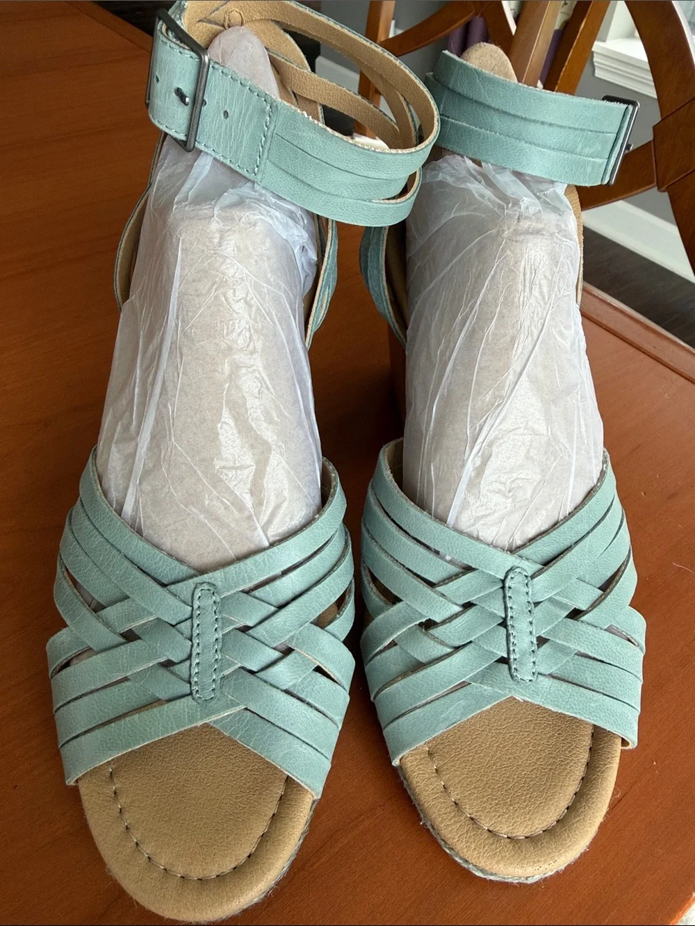 Lucky Brand Leather Noxa Strappy Block Heel Sandals Blue Gray Women’s Sz 8.5